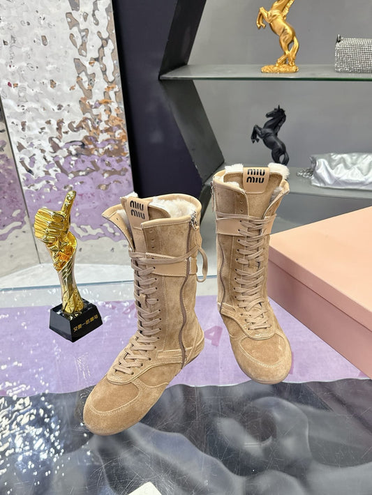 Miu Miu Gymnasium suede and shearling boxer boots for women