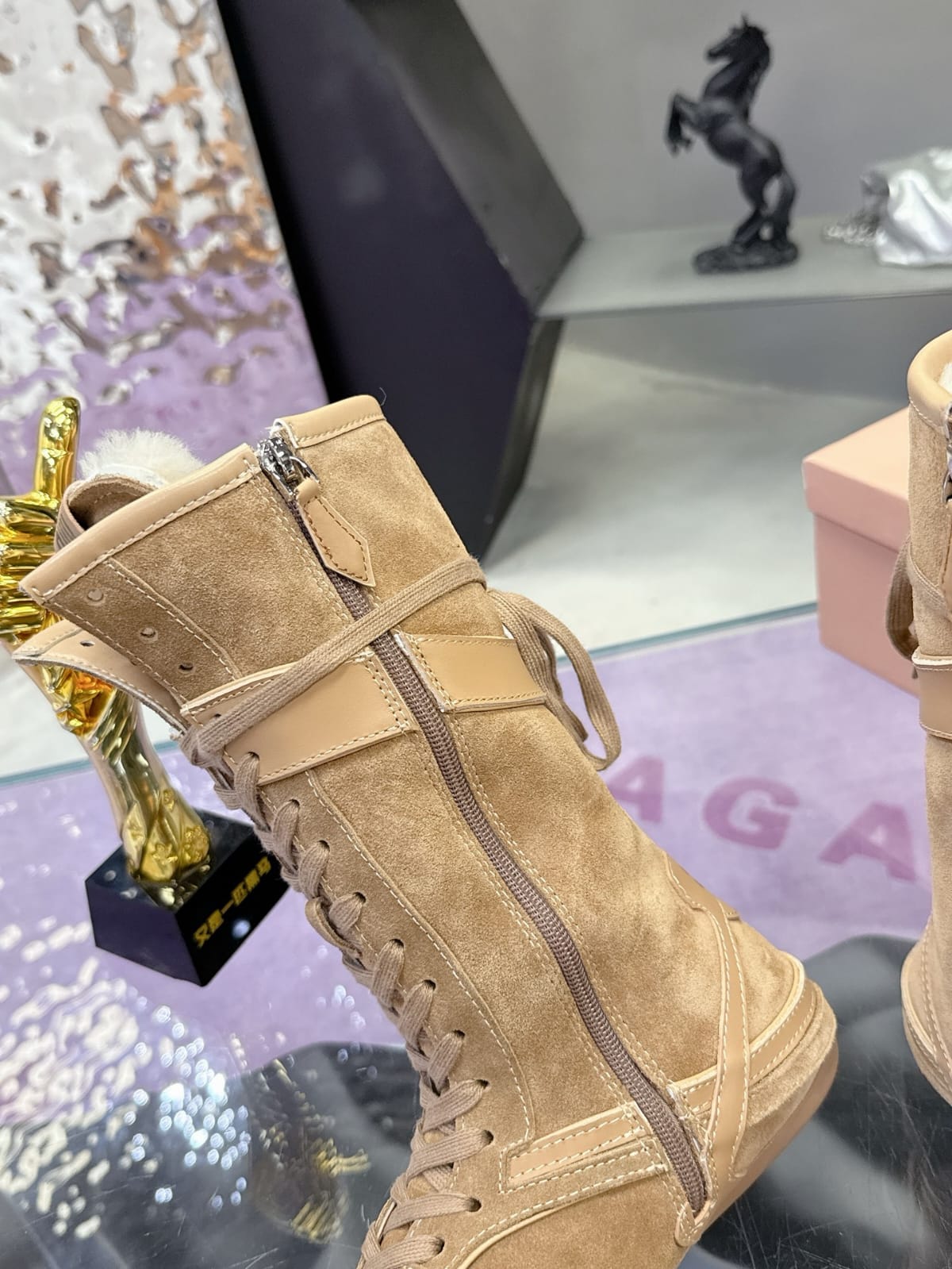 Miu Miu Gymnasium suede and shearling boxer boots for women