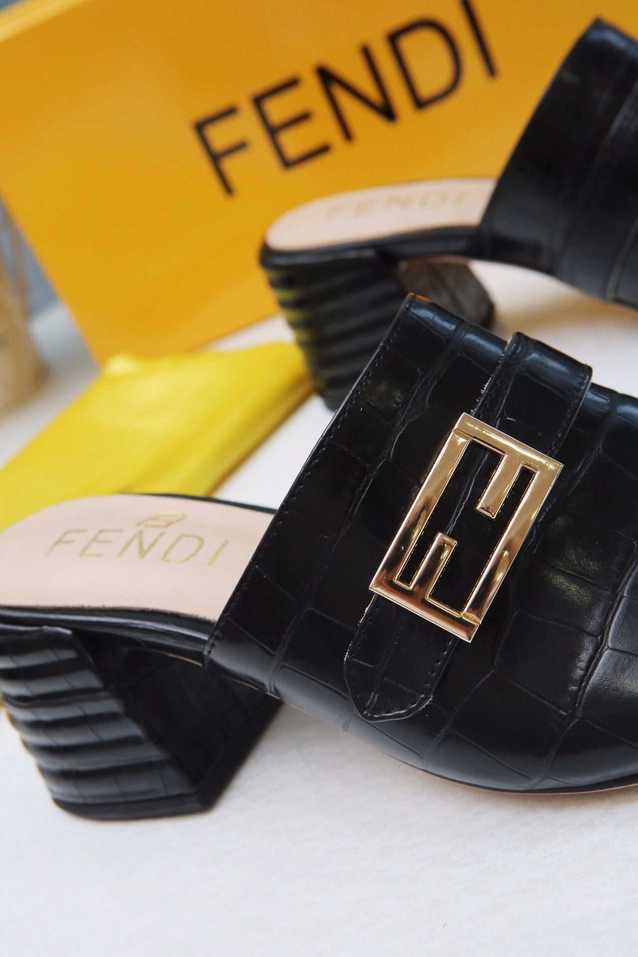 Fendi Black Embossed Croc Slide for women