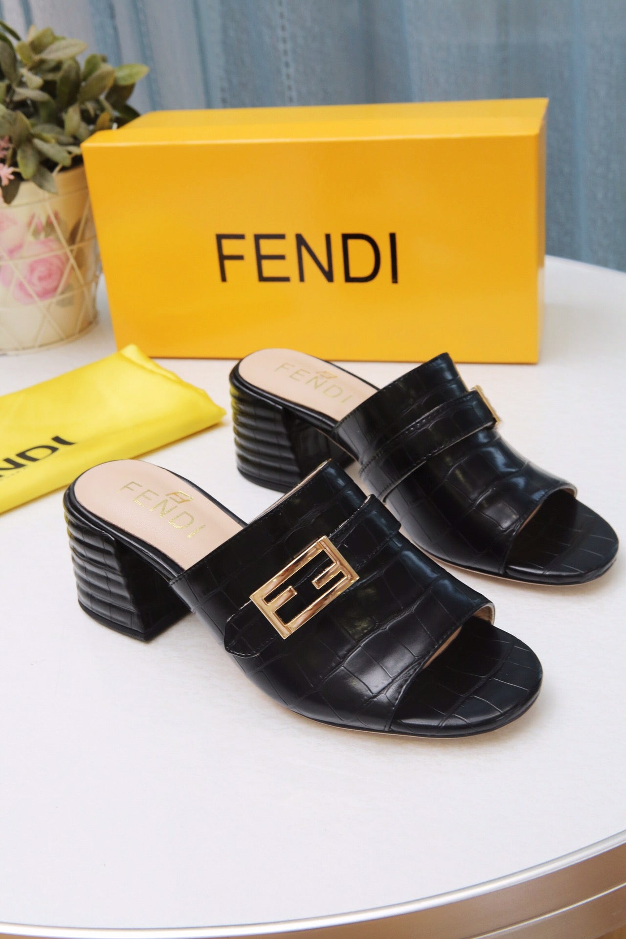 Fendi Black Embossed Croc Slide for women