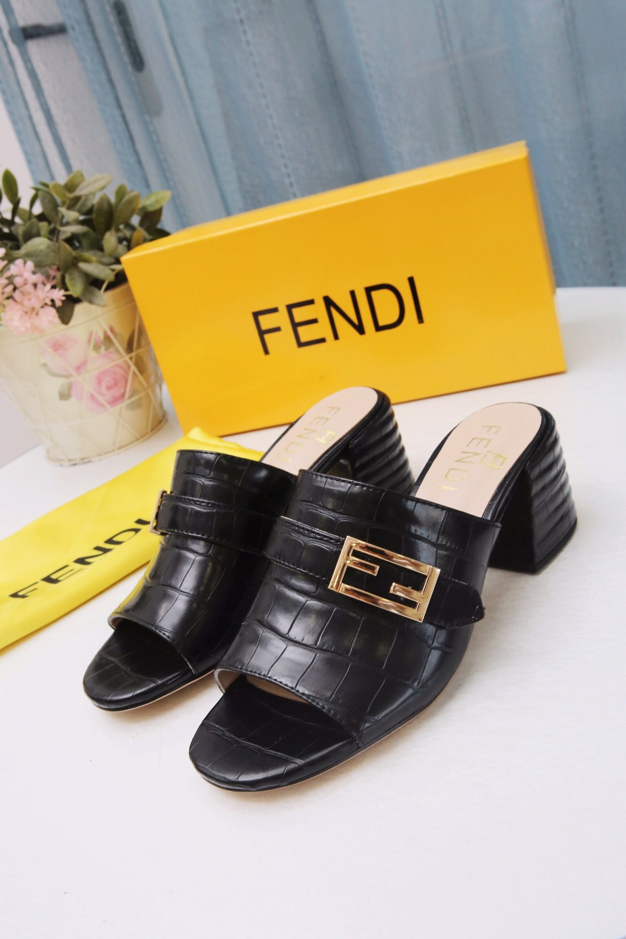 Fendi Black Embossed Croc Slide for women