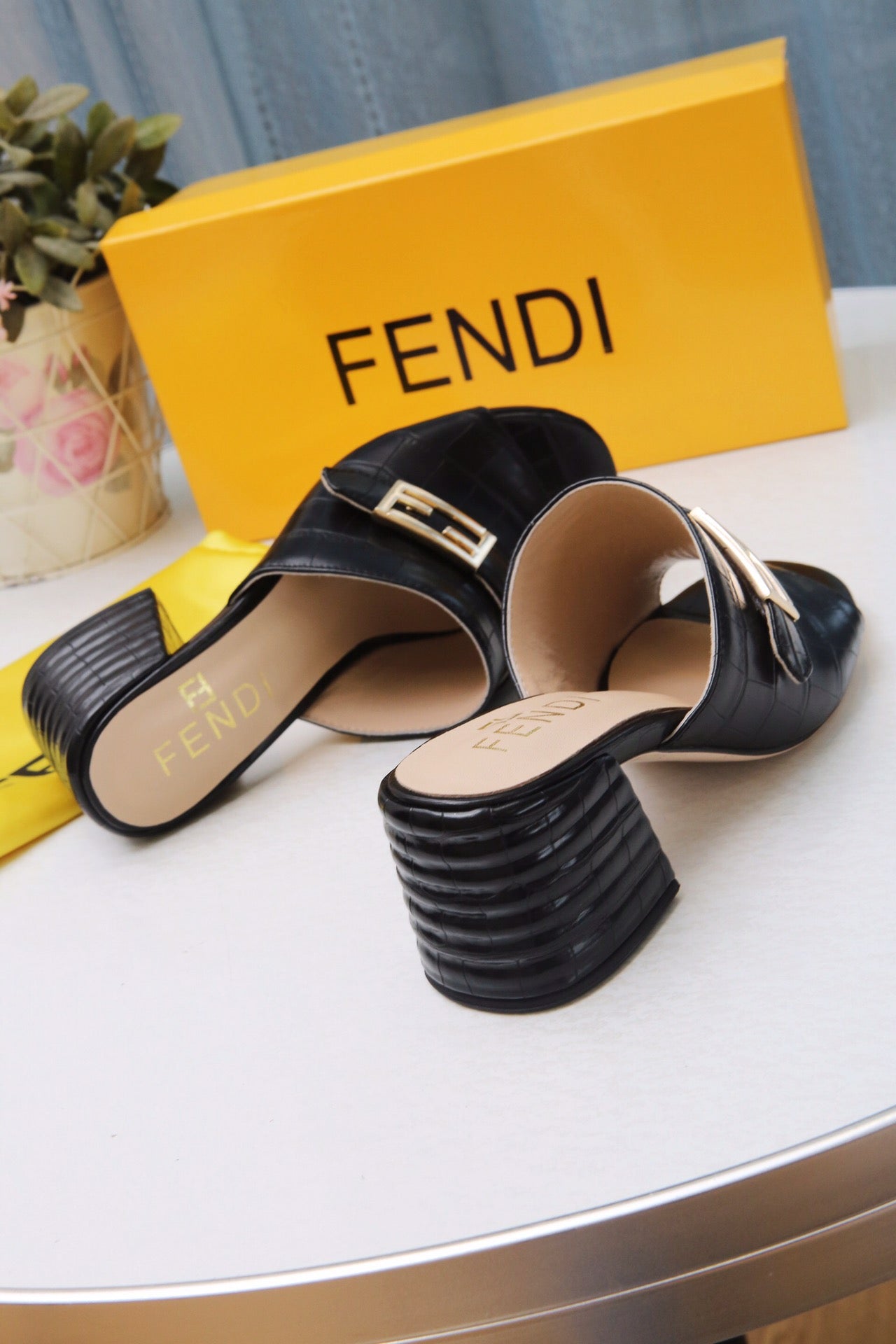 Fendi Black Embossed Croc Slide for women