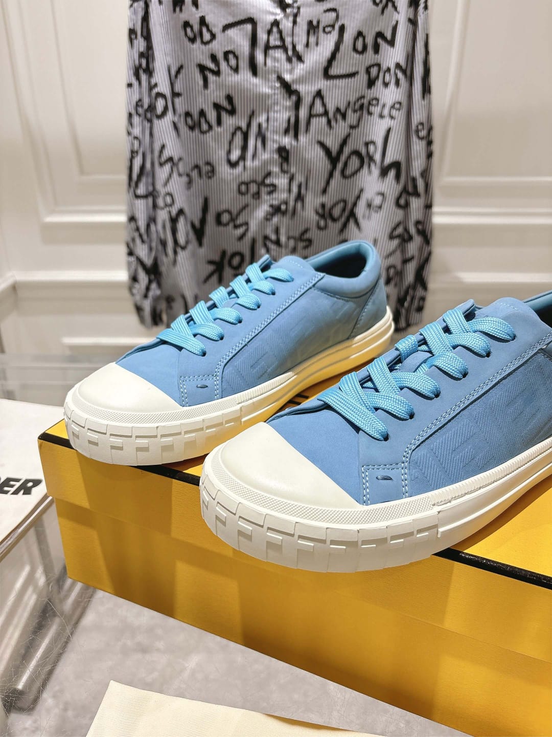 Fendi Domino Trainers Light blue nubuck leather low tops for men