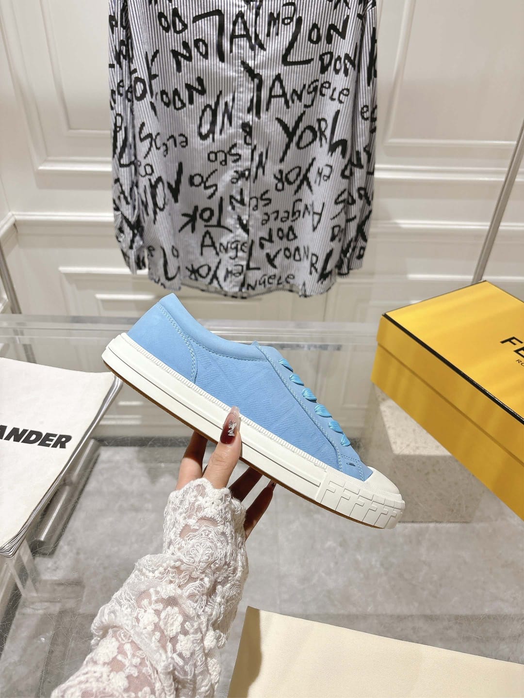 Fendi Domino Trainers Light blue nubuck leather low tops for men