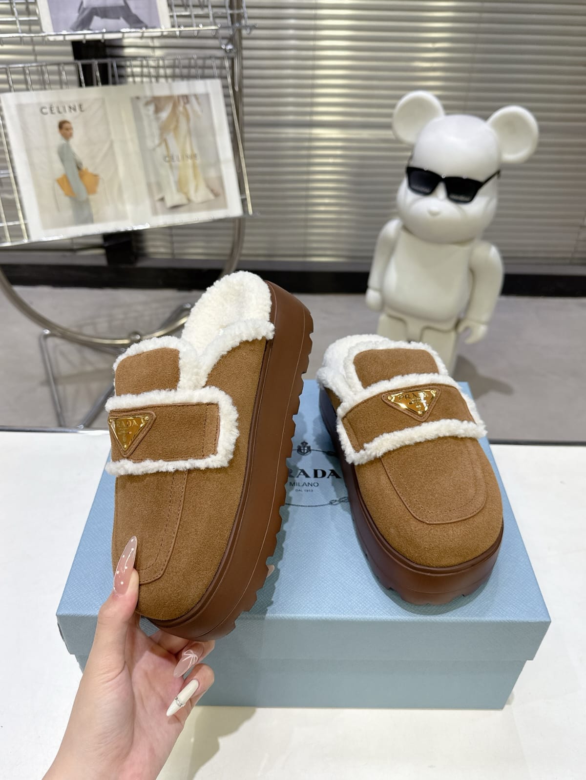 Prada Suede and shearling slippers for women