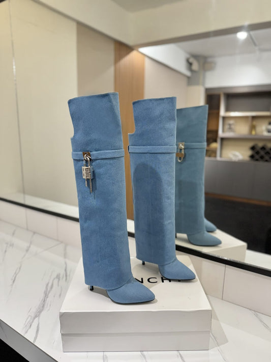 Givenchy Shark Lock Stiletto over-the-knee boots in washed denim for men