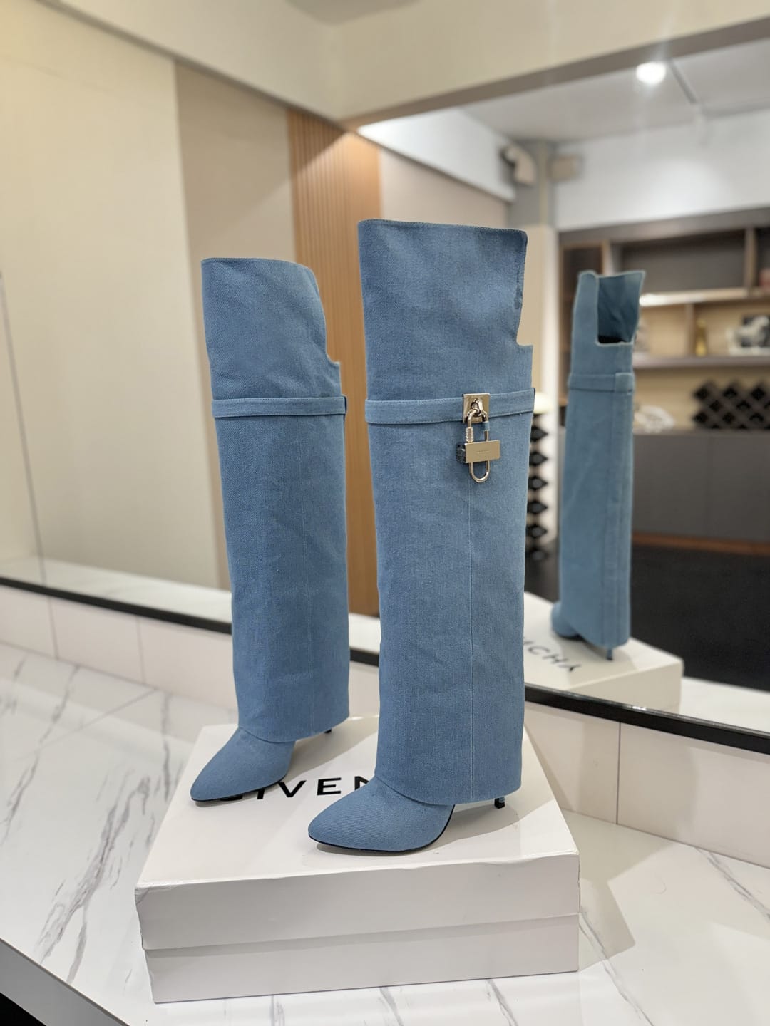 Givenchy Shark Lock Stiletto over-the-knee boots in washed denim for men