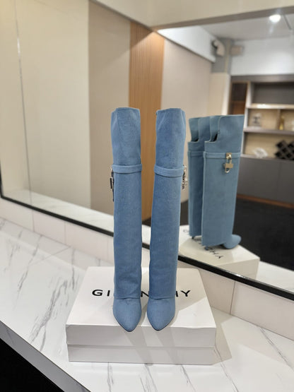 Givenchy Shark Lock Stiletto over-the-knee boots in washed denim for men