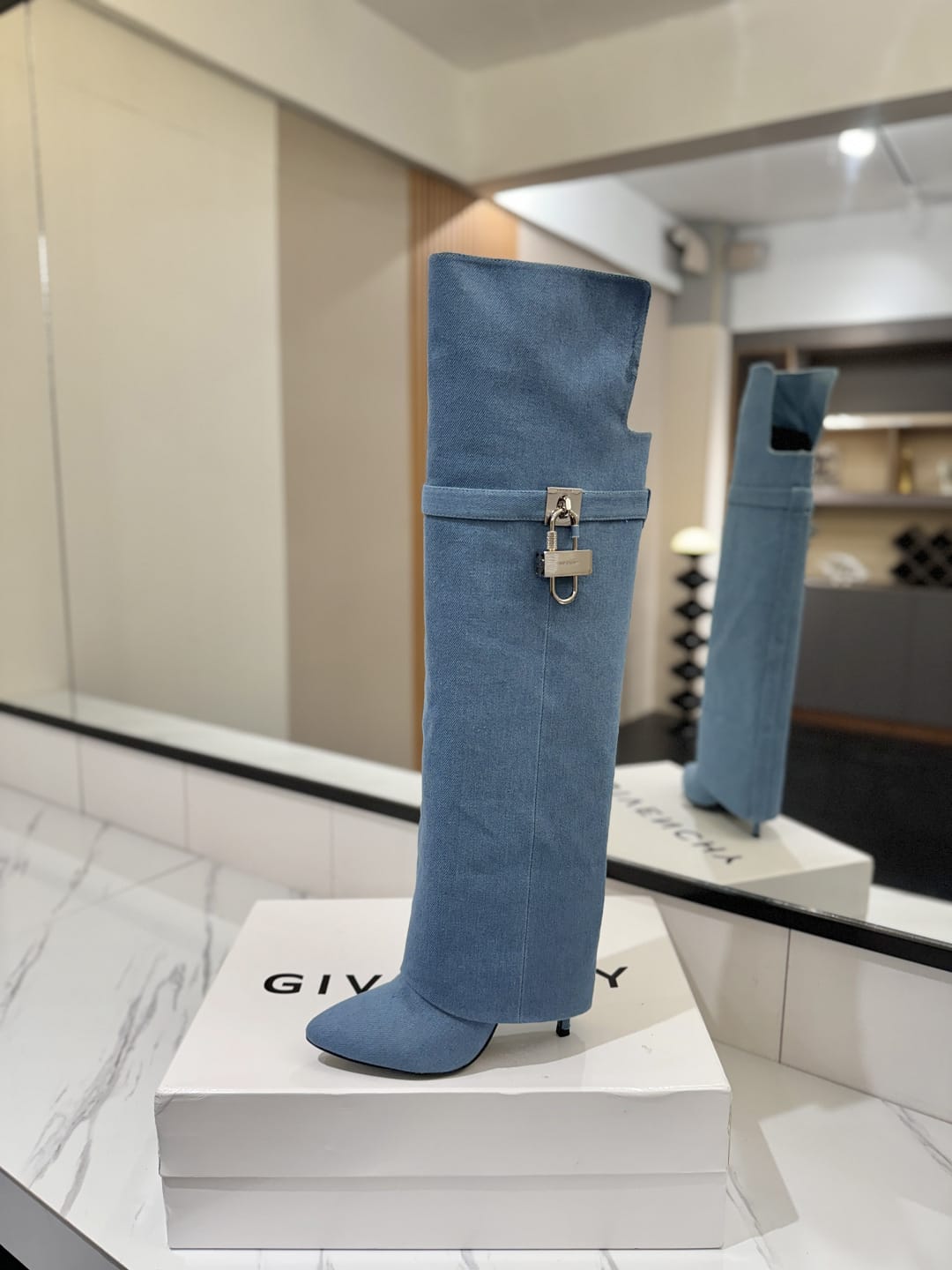 Givenchy Shark Lock Stiletto over-the-knee boots in washed denim for men