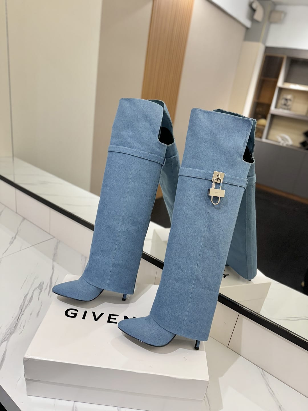 Givenchy Shark Lock Stiletto over-the-knee boots in washed denim for men