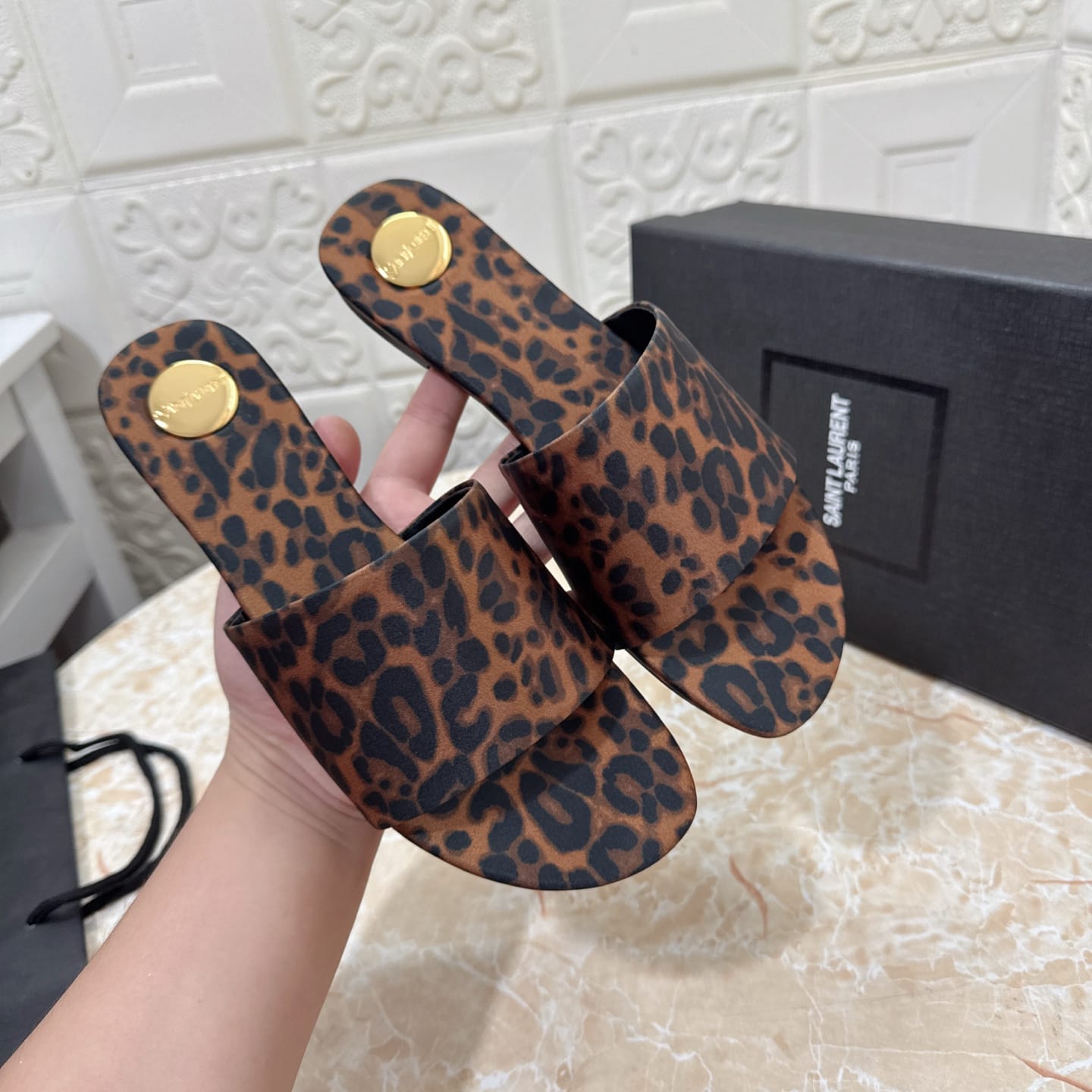 Saint Laurent CARLYLE slides in leopard grosgrain for women