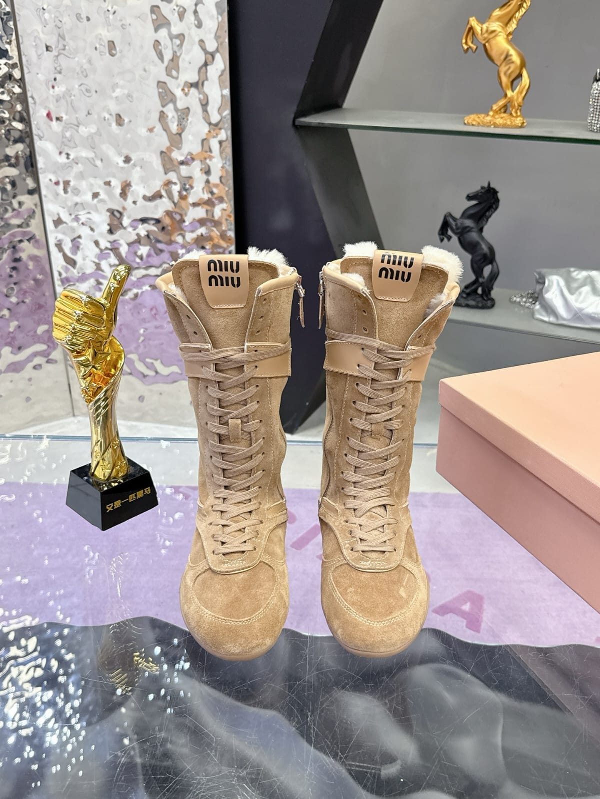 Miu Miu  Gymnasium suede and shearling boxer boots for women