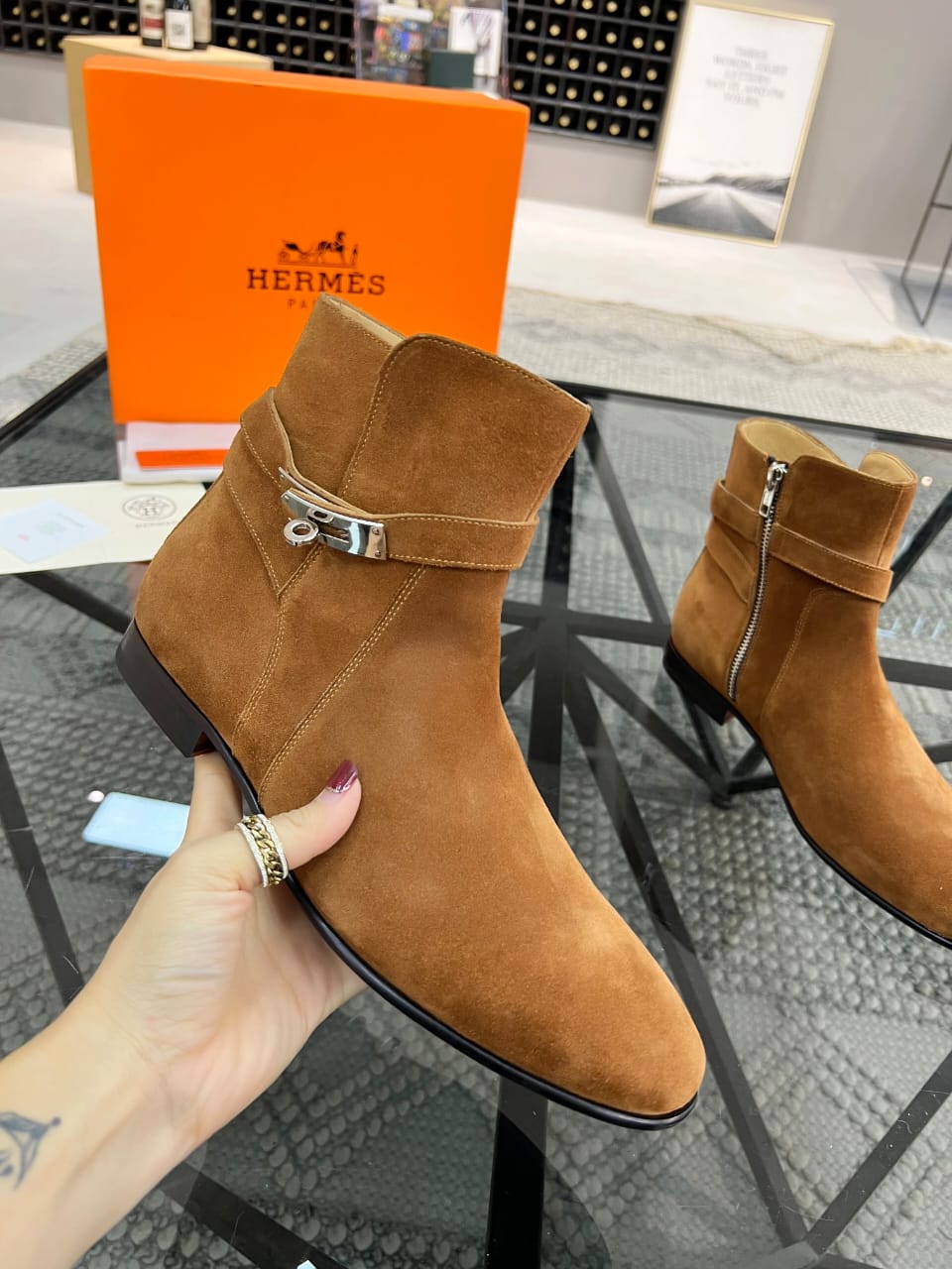 HERMES Ankle boot in suede calfskin for men