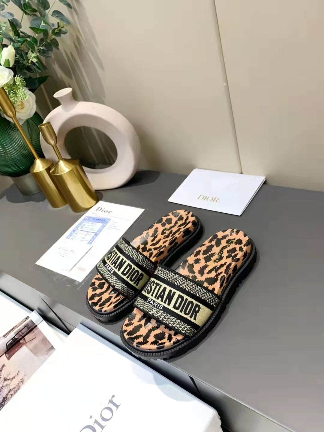 Dior D-Way Leopard Print with Gold Embroidered Strap Slides for women