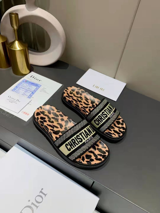 Dior D-Way Leopard Print with Gold Embroidered Strap Slides for women