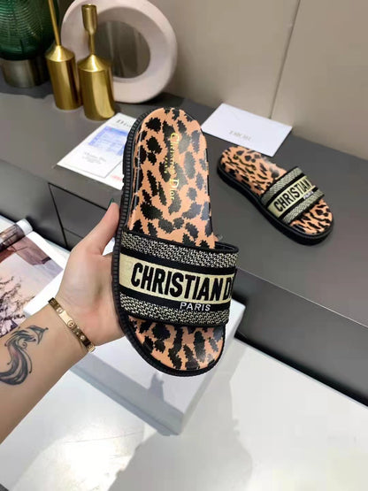 Dior D-Way Leopard Print with Gold Embroidered Strap Slides for women