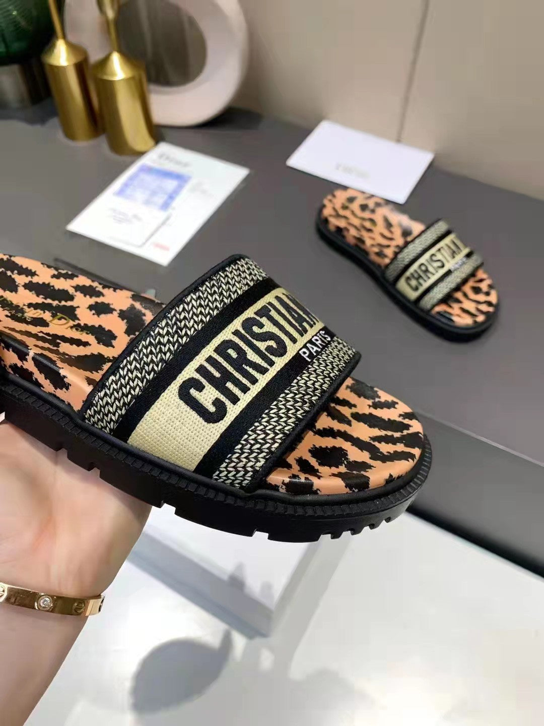 Dior D-Way Leopard Print with Gold Embroidered Strap Slides for women
