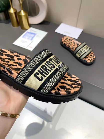 Dior D-Way Leopard Print with Gold Embroidered Strap Slides for women
