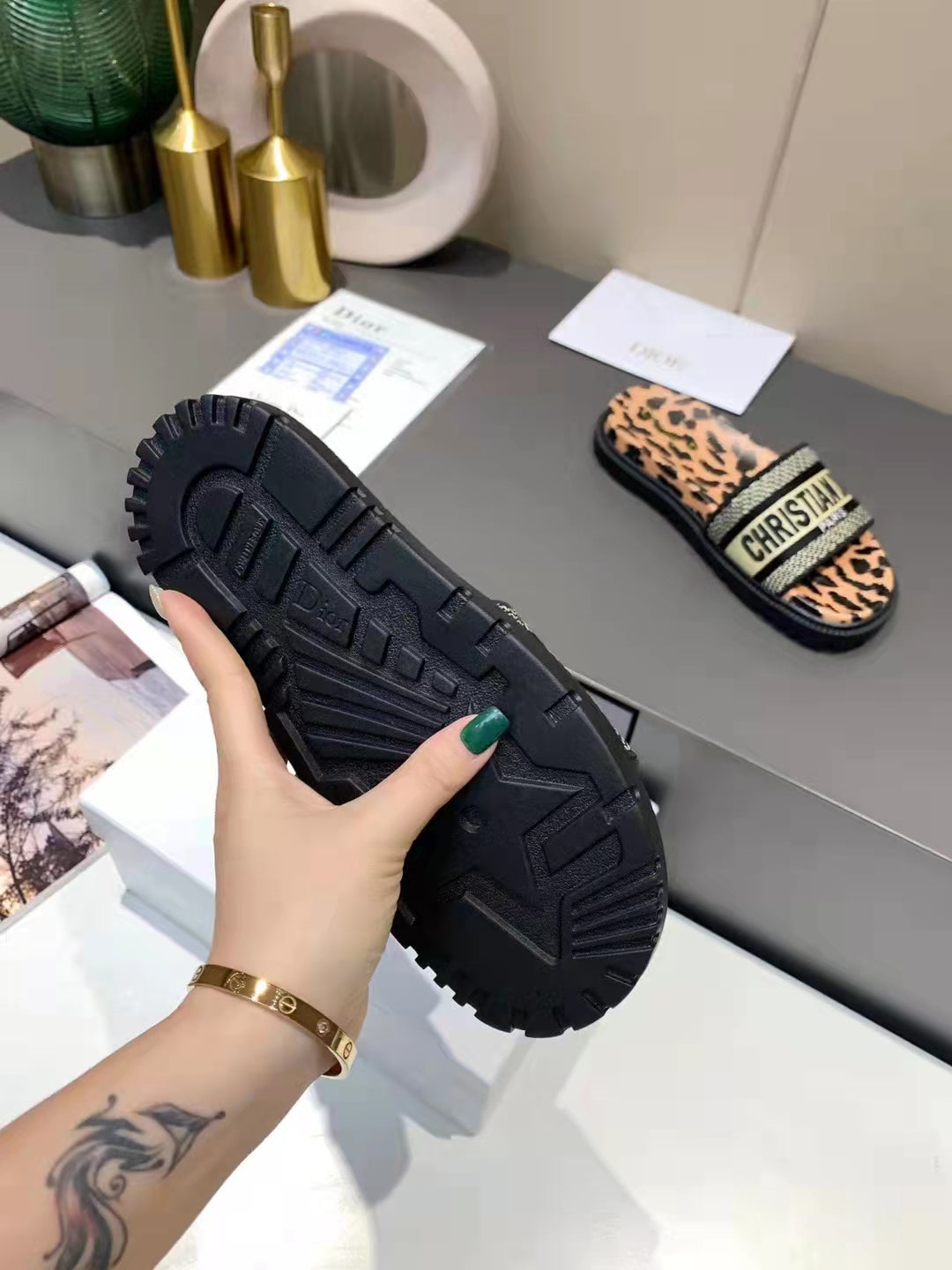 Dior D-Way Leopard Print with Gold Embroidered Strap Slides for women