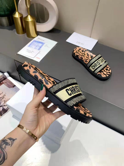 Dior D-Way Leopard Print with Gold Embroidered Strap Slides for women