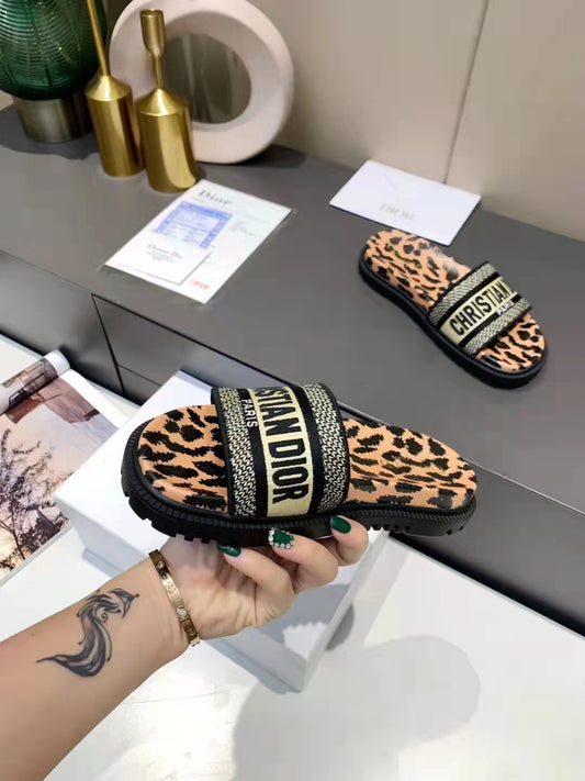 Dior D-Way Leopard Print with Gold Embroidered Strap Slides for women