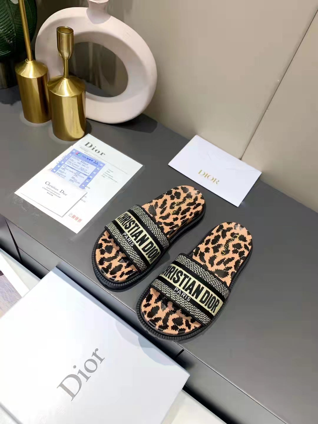 Dior D-Way Leopard Print with Gold Embroidered Strap Slides for women