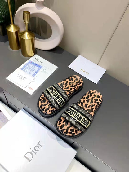 Dior D-Way Leopard Print with Gold Embroidered Strap Slides for women