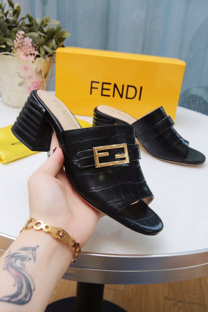 Fendi Black Embossed Croc Slide for women